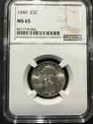 1949 Washington Quarter 25c NGC MS65 - Mild Reverse Toning - 90% Silver