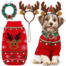 Apoway Dog Christmas Sweater Reindeer Headband Collar Turtleneck Large