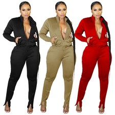 New Women Fashion Long Sleeves Zipper Patchwork Solid Casual Jumpsuit 2pcs