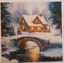 2 individual Paper Decoupage BEVERAGE NAPKINS - WINTER HOUSE SERENE SCENE XMAS