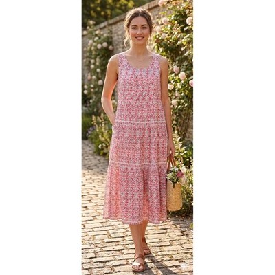 Max Studio Womens Red Floral Tiered Sleeveless Midi Dress Size M Pockets