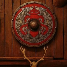 Handcrafted Red Viking Shield: Norse Wolf Design, Medieval Decor Gift