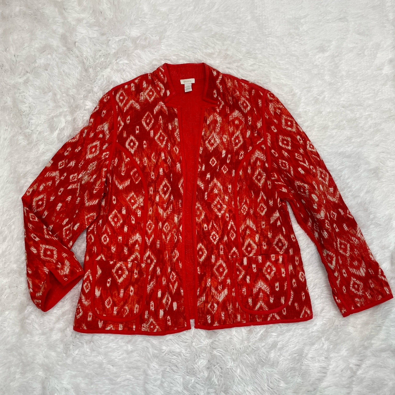 Chicos Women’s Size 3 Orange Printed Open Blazer Jacket Pockets Office Cotton