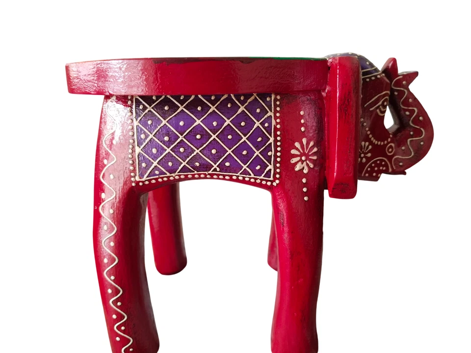 Indian Handmade Wooden Elephant Shape RED Multi Decor Side Table Statue Table - Image 3 of 4