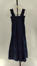 Quince Women 100% European Linen Smocked Midi Dress Deep Navy M