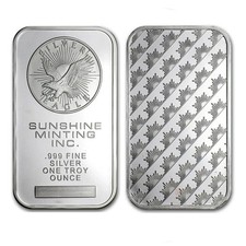 1 oz Sunshine Minting Silver Bar – .999 Fine Sealed Bullion – Troy Ounce 10.99 per troy oz
