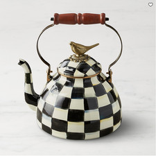 MacKenzie-Childs Courtly Check Tea Kettle 3 Qt Bird Knob Stovetop Teapot