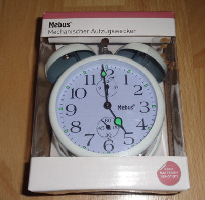 Mebus  Mechanischer Aufzugwecker,Glockenwecker,WEISS,keine Batterien notw.,NEU
