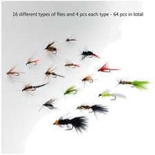 Dries, Wet Flies, Terrestrials - 64 pcs Fly Fishing Flies