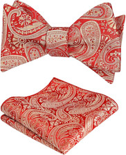 Mens 2Pcs Paisley Jacquard Tuxedo Self Tied Bow Tie with Pocket Square Set