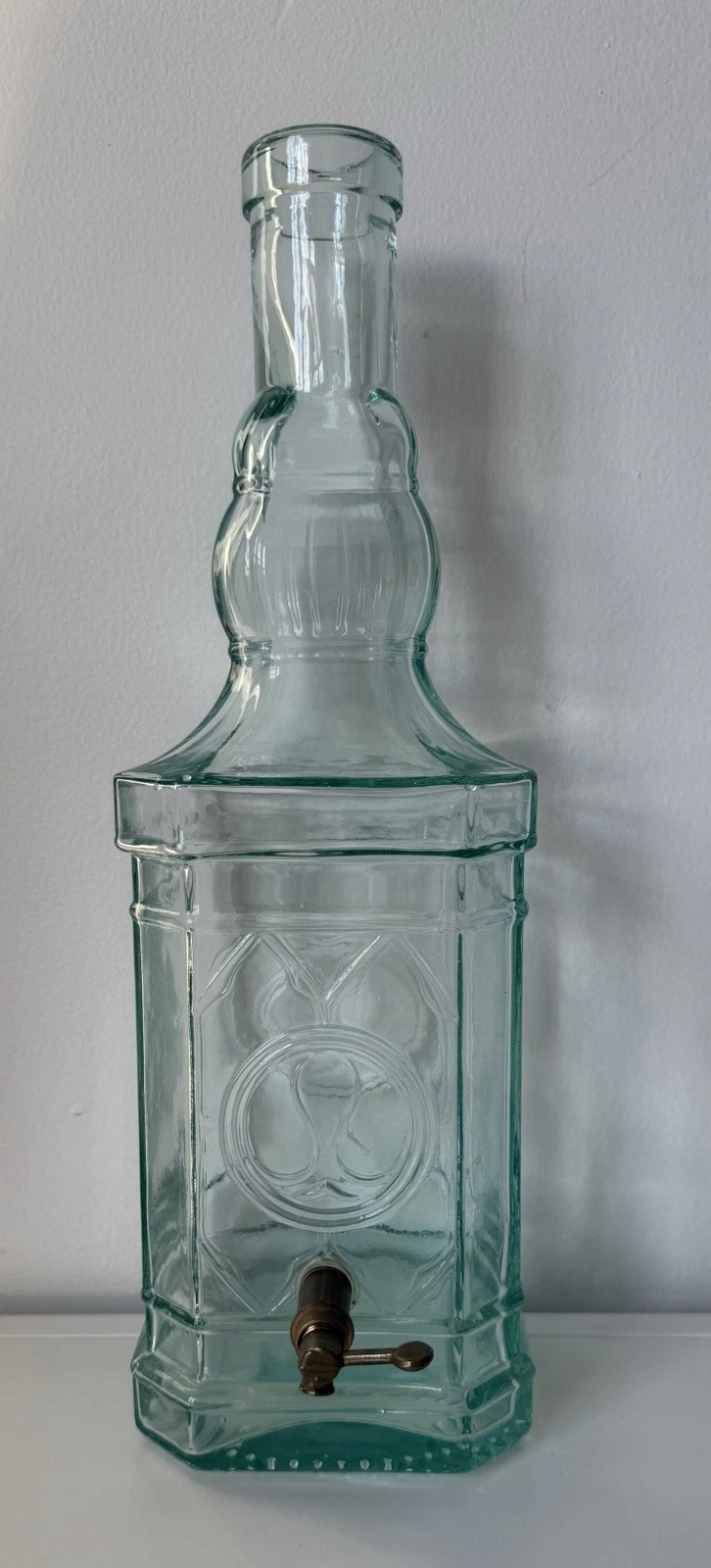 Vintage Italian Green Glass Olive Oil Dispenser 64oz Decanter Brass Spigot Italy