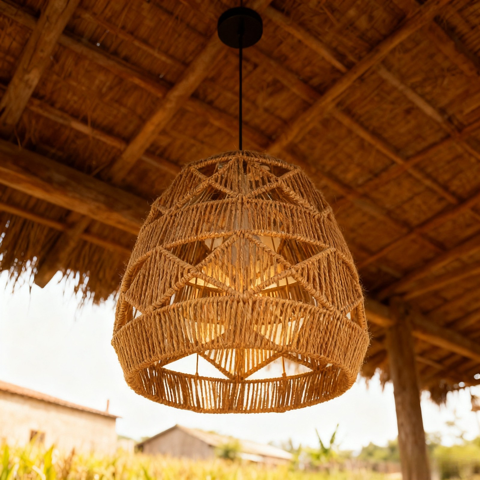16 Inch Vintage Rattan Art Height Adjustable Lighting Pendant Light Section