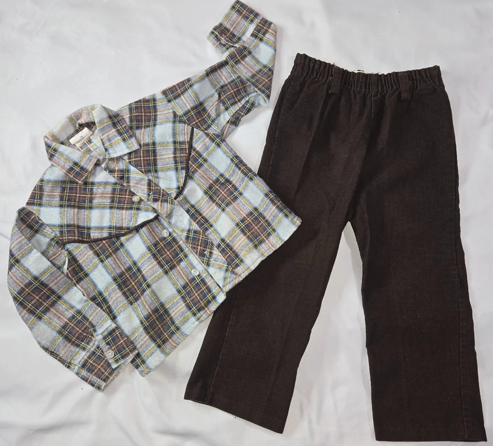 Vintage Boy's Size 4 Outfit Lot Button Up Flannel Jean Pant Doe Spun Wrangler - Imagem 2 de 4