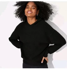 Women's Oversized Ribbed Hooded Pullover Sweater - Wild Fable Black XXS