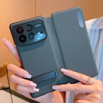 For Xiaomi Mix Fold 4, Carbon Fiber Smart Flip Leather KickStand Case Cover