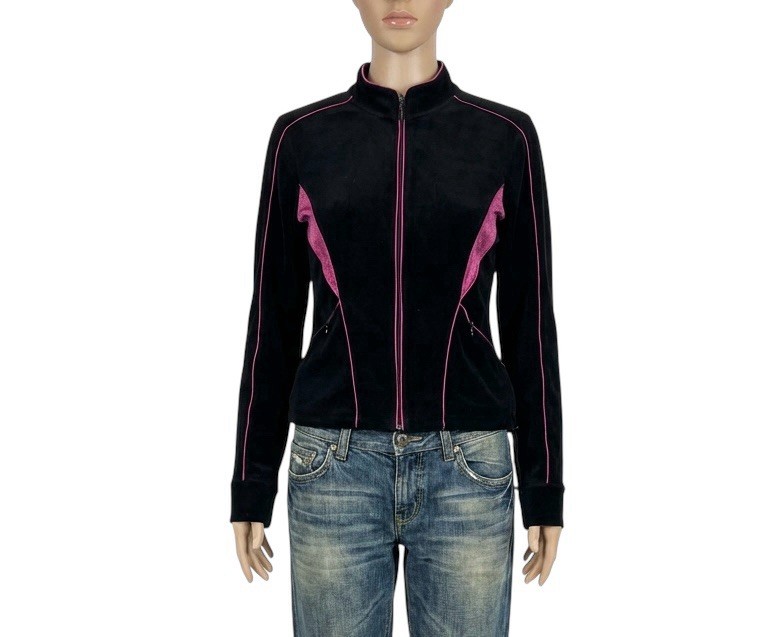 Vintage Womens Velour Tracksuit Top 90s Black Pink Retro Sportswear 10