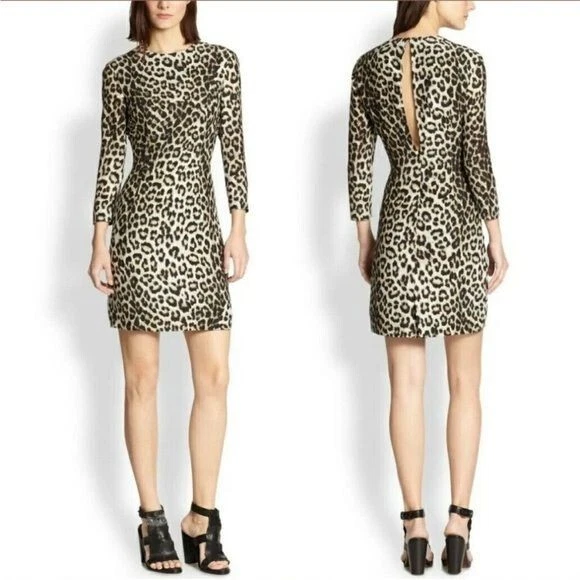 Rag & Bone Silk Leopard Mini Shift Dress 3/4 Sleeve Keyhole Back Animal Sz 2 - Image 2 of 4