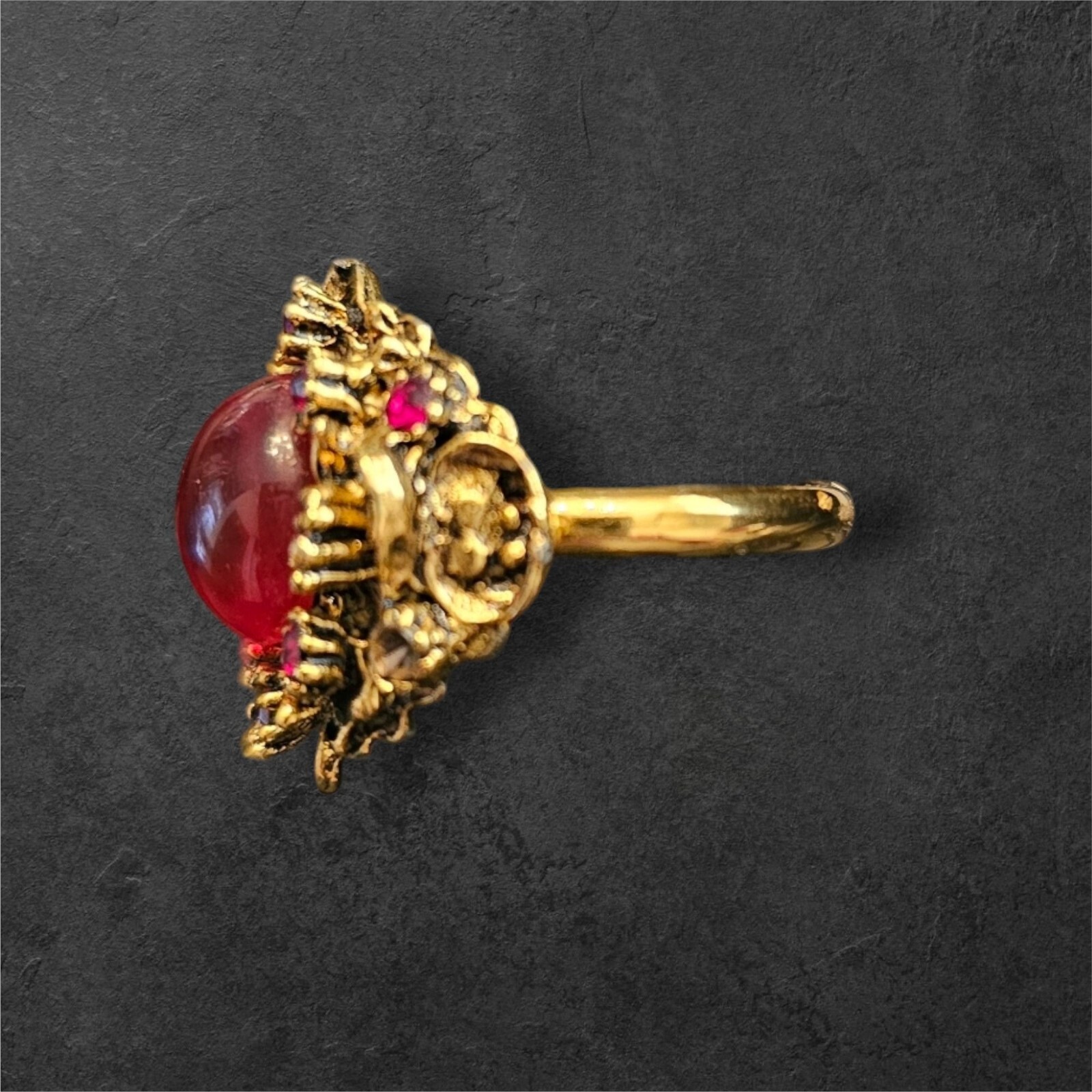 Vintage Gold Tone Adjustable Ring - Ruby Red Ston… - image 15