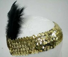 Women's Gold Sequin Headband with Black Feather