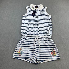 Polo Ralph Lauren Girls Large 12-14 White Blue Striped 100 Cotton Mesh Romper