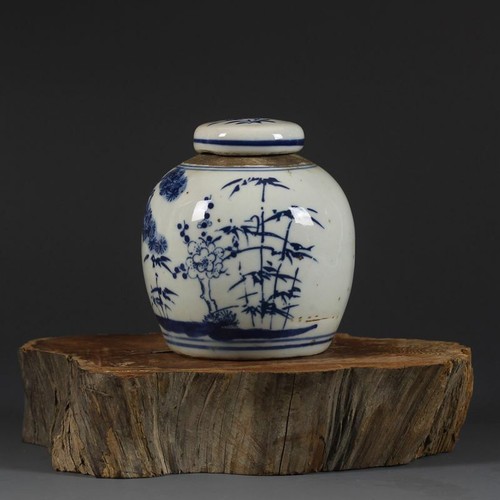 Chinese Blue and White Porcelain Painted Pine Earthen Hand Jar Pot 4.1 Inch - Picture 2 of 5