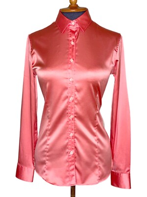 Elegant fitted long sleeve satin blouse size 36 in coral by Robert Friedman