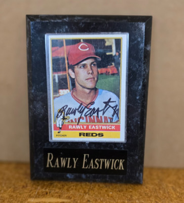 Rawly Eastwick signed 1976 Topps Baseball Card mounted on wall plaque