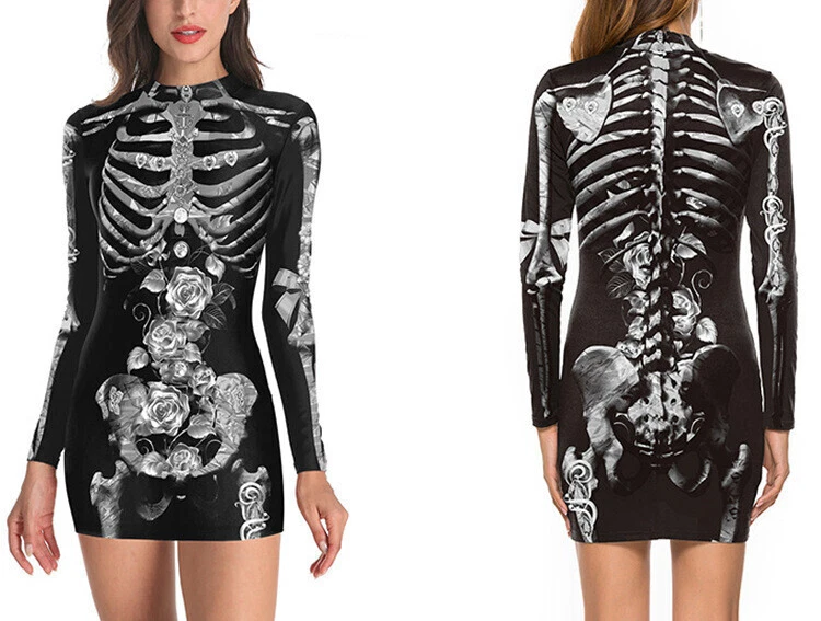 OFF WHITE Vestito Bodycon Scheletro Donna Gotico Mini Halloween Maniche Lunghe Vestiti Festa Q