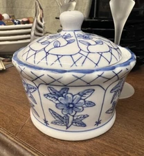 Oriental Blue & White Covered Dish Floral Motif