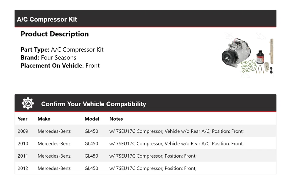 Kit compresor aire acondicionado delantero 4 estaciones 2010 2011 para Mercedes-Benz GL450 2009-2012 Foto 2 de 4