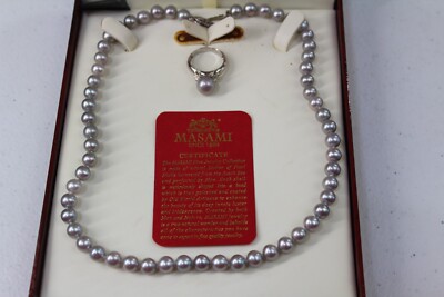 Masami Pearl Necklace And Ring Set Gray Silver 925 Mother Of Pearl