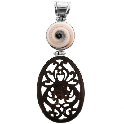 925 Silver Shiwa Eye Buddha Coconut Shell Carving Sterling Pendant, 2 3/4''
