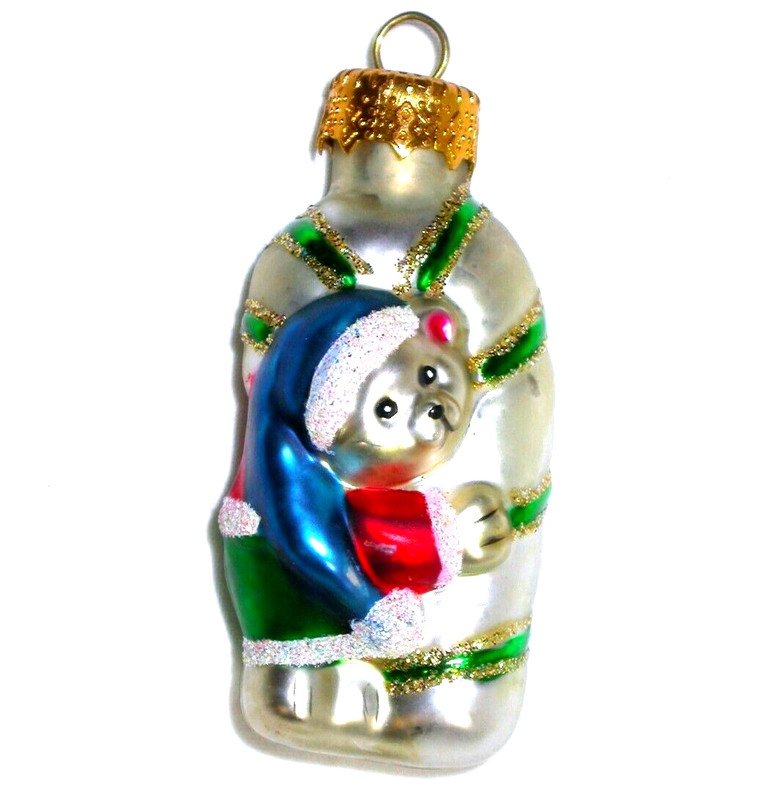 Cute Vintage Miniature SANTA Teddy BEAR Hugging  CANDY CANE Glass ORNAMENT