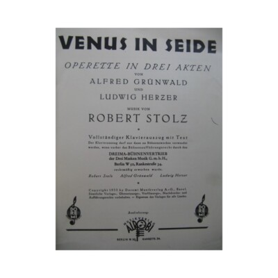Stolz Robert Venus In Silk Operetta Song Piano 1933