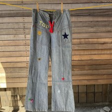 Vintage 70s Denim Bell Bottom Custom Embroidered Flare Hippy 24x27 RARE Floral
