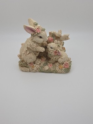 Charming Bunny Rabbits & Baby Figurine with Fence & Flowers Spring Easter Decor