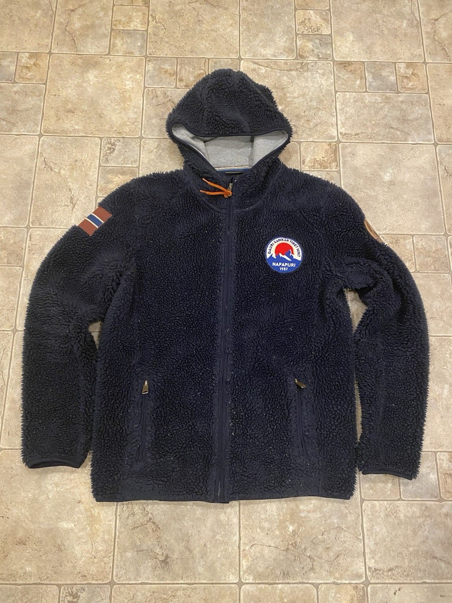 Vintage Napapijri Deep Pile Sherpa Hooded Jacket Outdoor Flag Logo