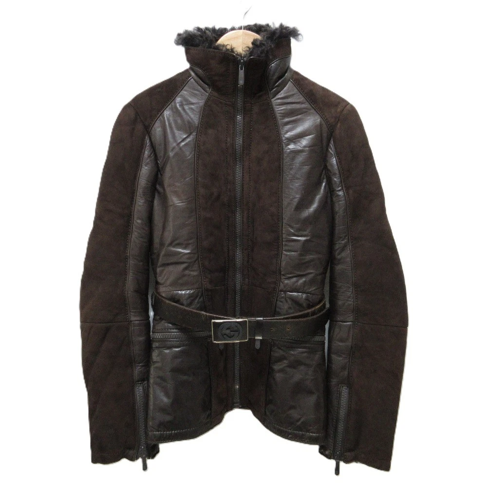 Blouson de pilote Mouton intérieur hirsute ceinturé GUCCI Tom Ford marron femme L
