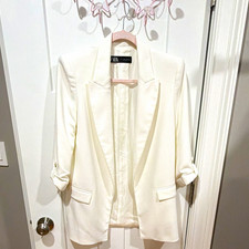 ZARA Women  s White Blazer Jacket S Single-Breasted Lined Woven Notch 3/4