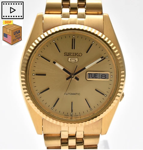 Vintage [MINT w/Box] SEIKO 5 7009-3110 Gold Day Date Automatic Men's Watch JAPAN