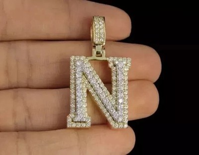 14K Gelbgold plattiert Moissanit Rundschliff 1 Kt Anfangsbuchstabe N Charm Anhänger