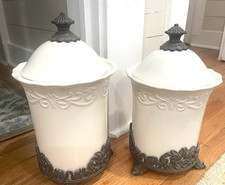 Pair Chris Madden Corvella Ivory Canisters w/ Metal Stands ~ 12.5