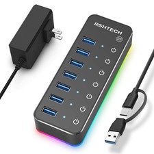 Powered USB Hub, RGB 7 Ports USB 3.0/USB C Hub with 14 Mode RGB LED Strip, In...