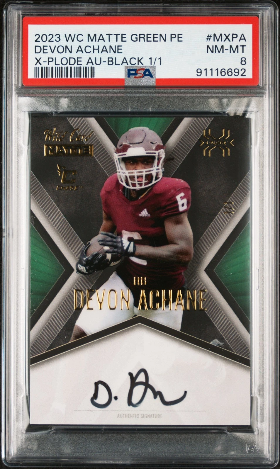 De'Von Achane Wild Card Matte Green Premium Edition X-Plode Autographs #MXPA Black 1/1