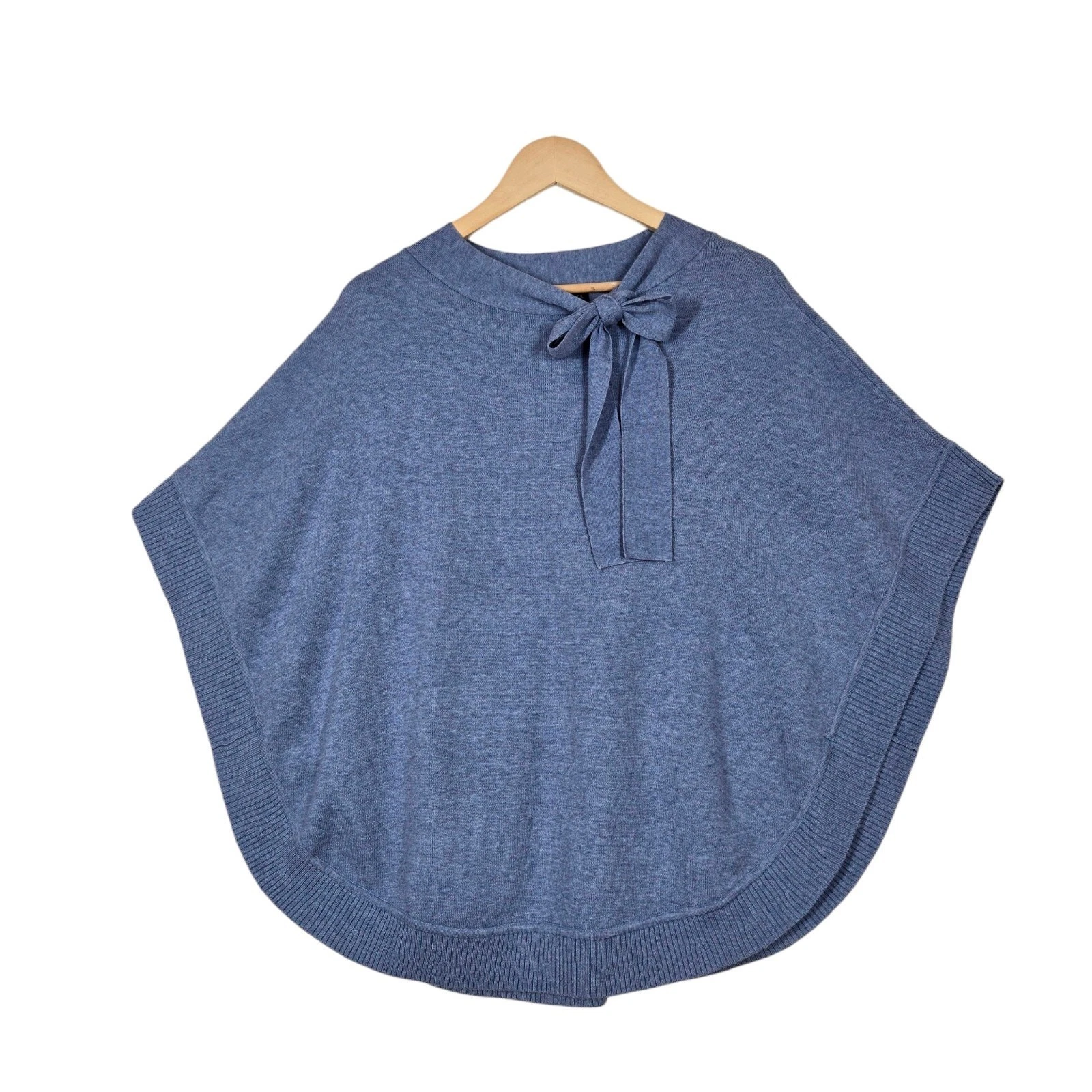 Talbots Cape Poncho Sweater Tie Neck Bow sz S Blue Knit
