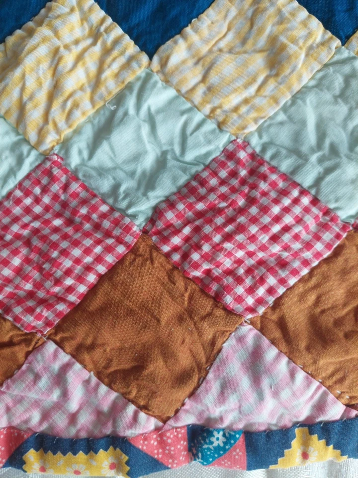 Mod Diamond Block Multicolor Vintage TECIDO SUCATA Ponto de Mão 68 X 86 Colcha Dupla - Imagem 3 de 4