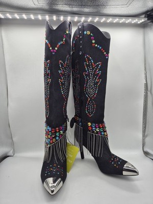 Gianni Bini Women's Boots Size 8.5 Kaitlin Rhinestone  Denim Cowboy Black
