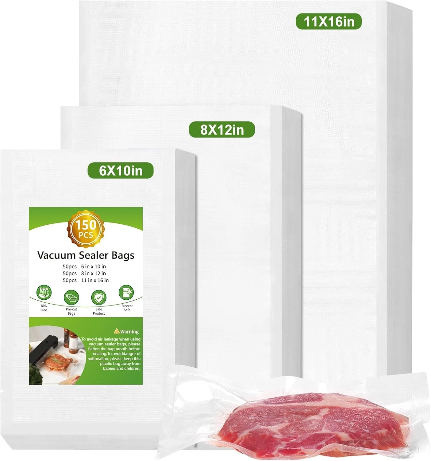 Moretoes 150pcs Vacuum Sealer Bags, 8 x 12 and 6 x 10 11 x 16, Clear