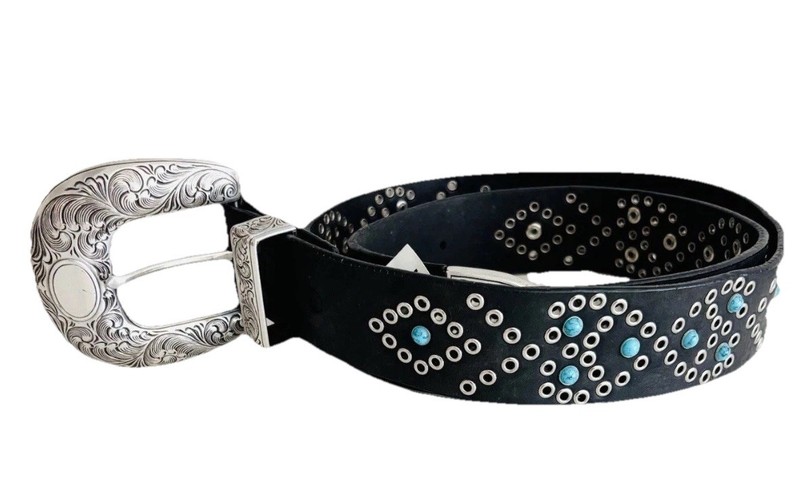 Black Genuine Leather Grommet Turquoise Cowgirl Rockstar Belt Size XL Western