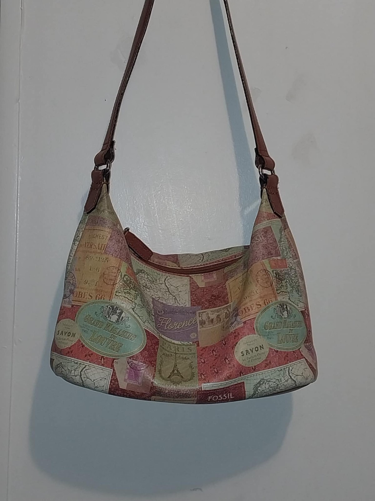 Fossil Travel Stamp Map Print Shoulder Bag Vintage Leather Trim Multi Pocket